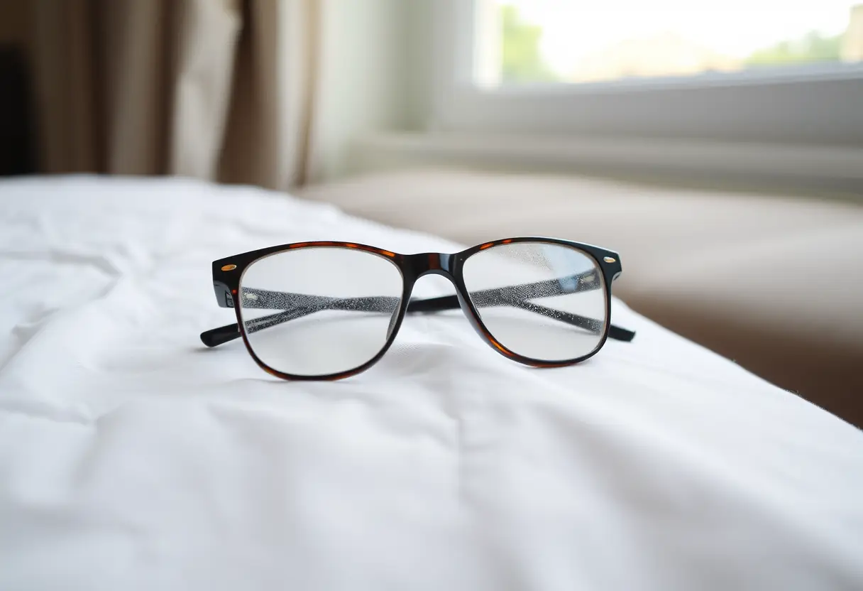 Lunettes posées sur un linge blanc, les verres embués d'une conversation récente, pièce calme avec vue extérieure, clarté d'esprit après discussion