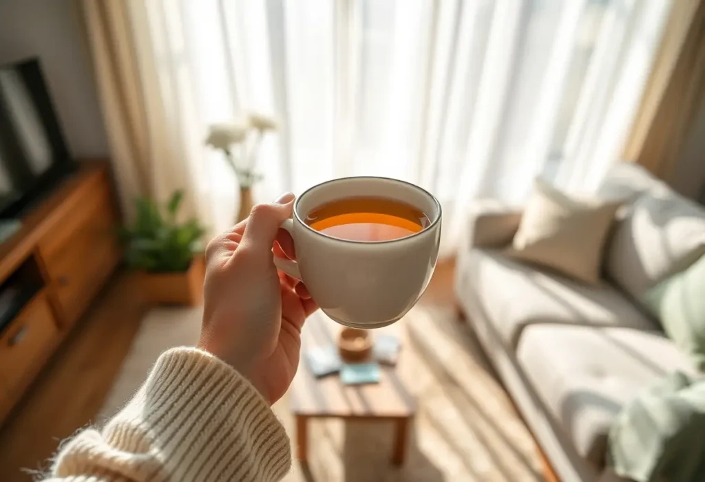 Une main tenant une tasse de thé chaud dans une pièce accueillante, thématique bien-être féminin