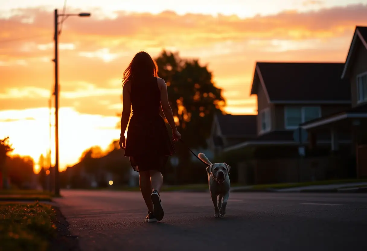 Un profil d'une femme promenant son chien le soir, thème du bien-être et de l'acceptation de soi