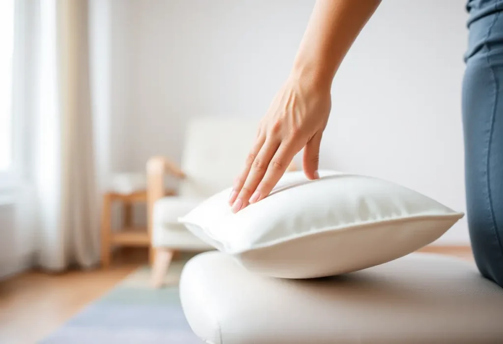 Une main féminine pose doucement un coussin moelleux sur une chaise, symbolisant le confort dans la rééducation périnéale