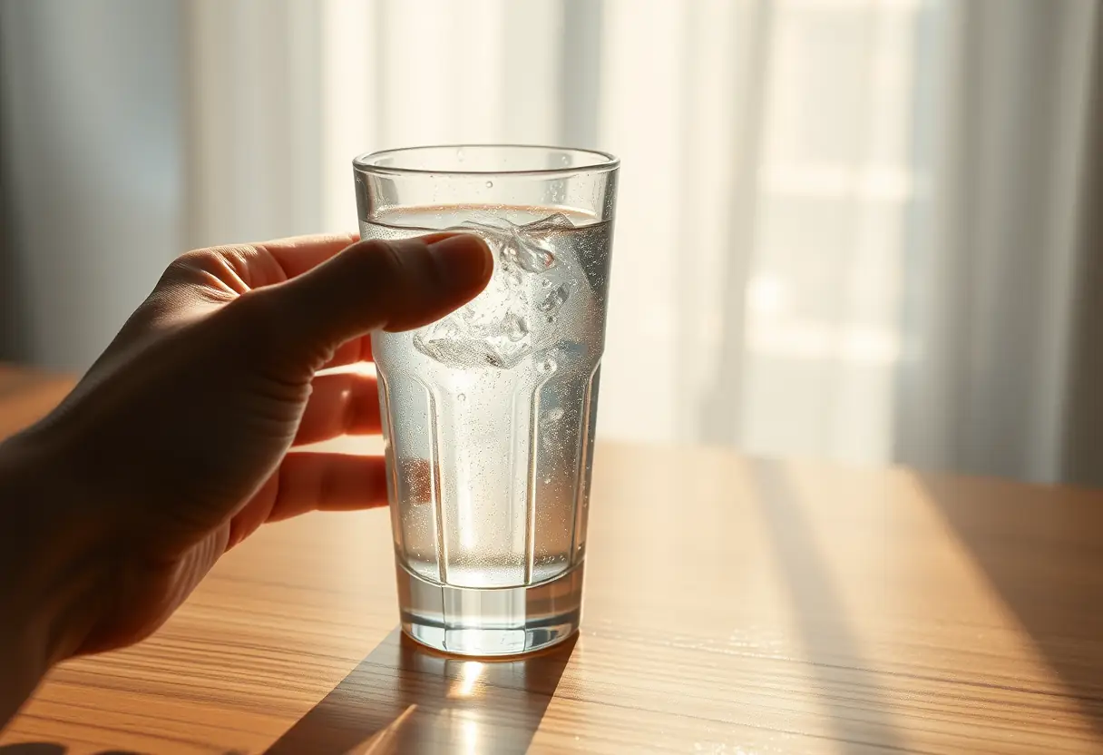 Une main tenant un verre d'eau froide