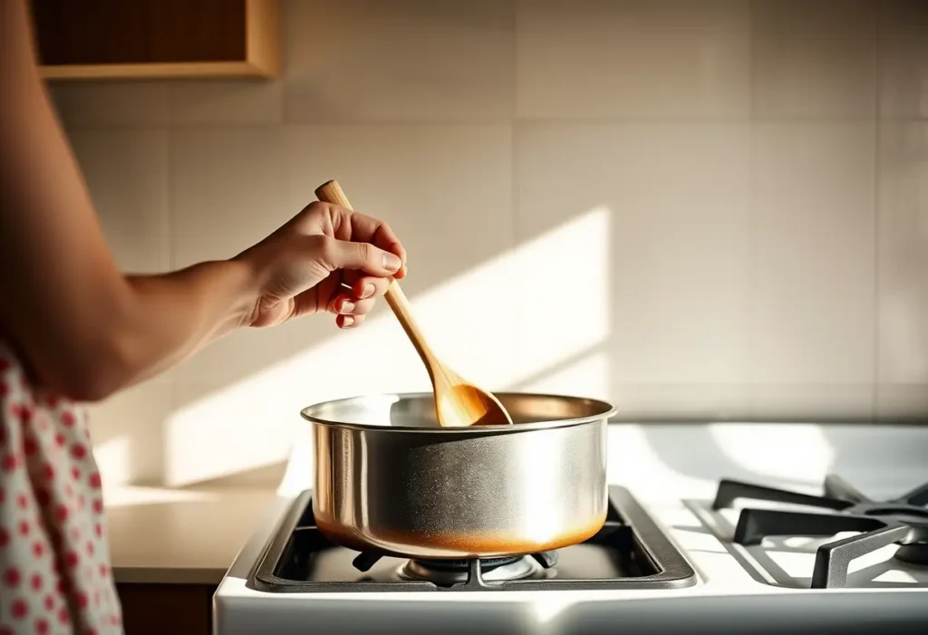 Une main féminine tient une cuillère en bois dans une cuisine
