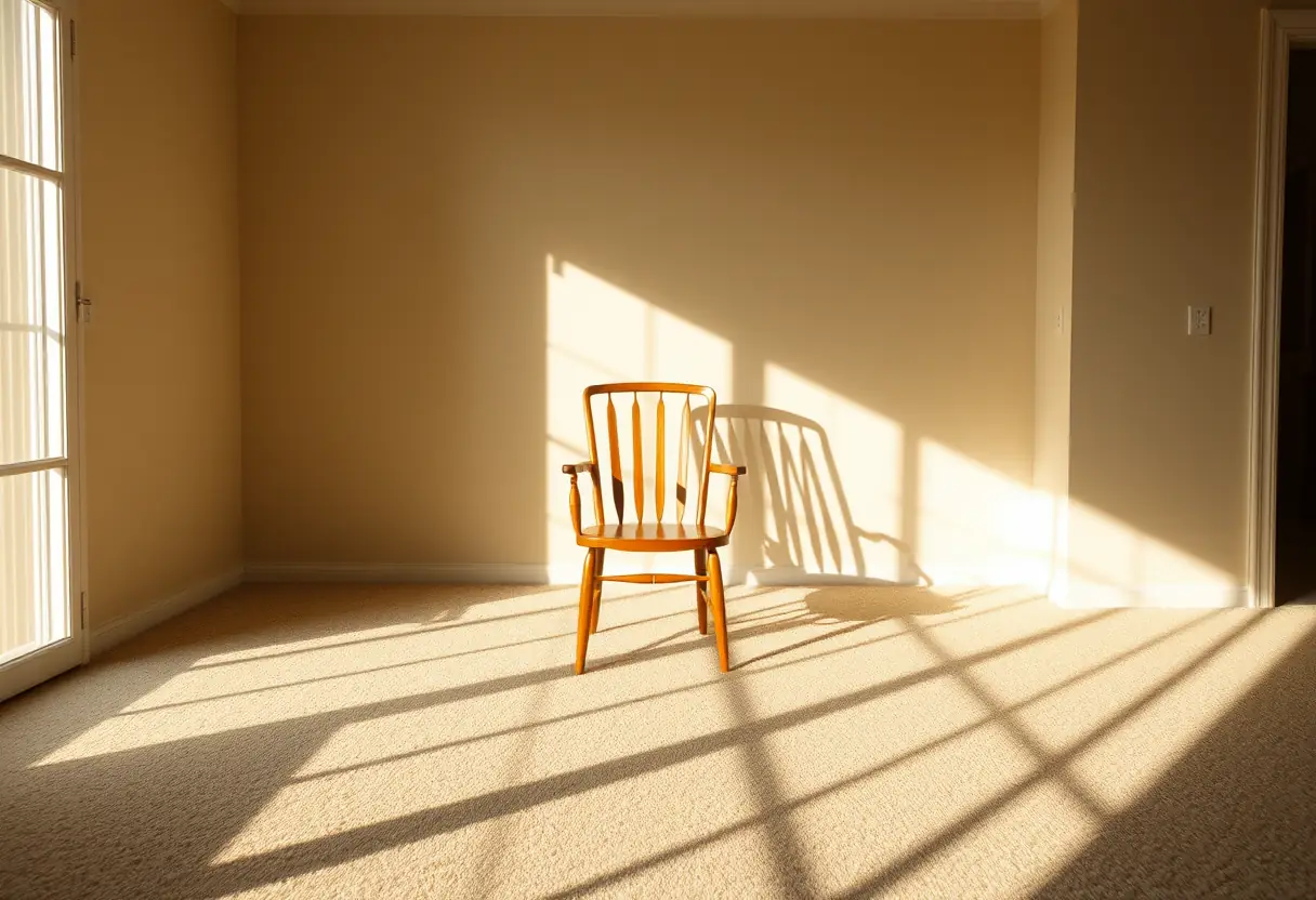 Un fauteuil en bois dans une pièce vide, éclairé par la lumière du soleil après-midi