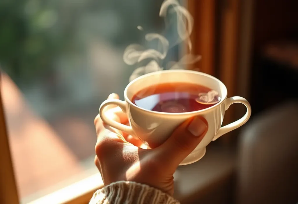 Une main tenant une tasse de thé chaud dans une lumière douce