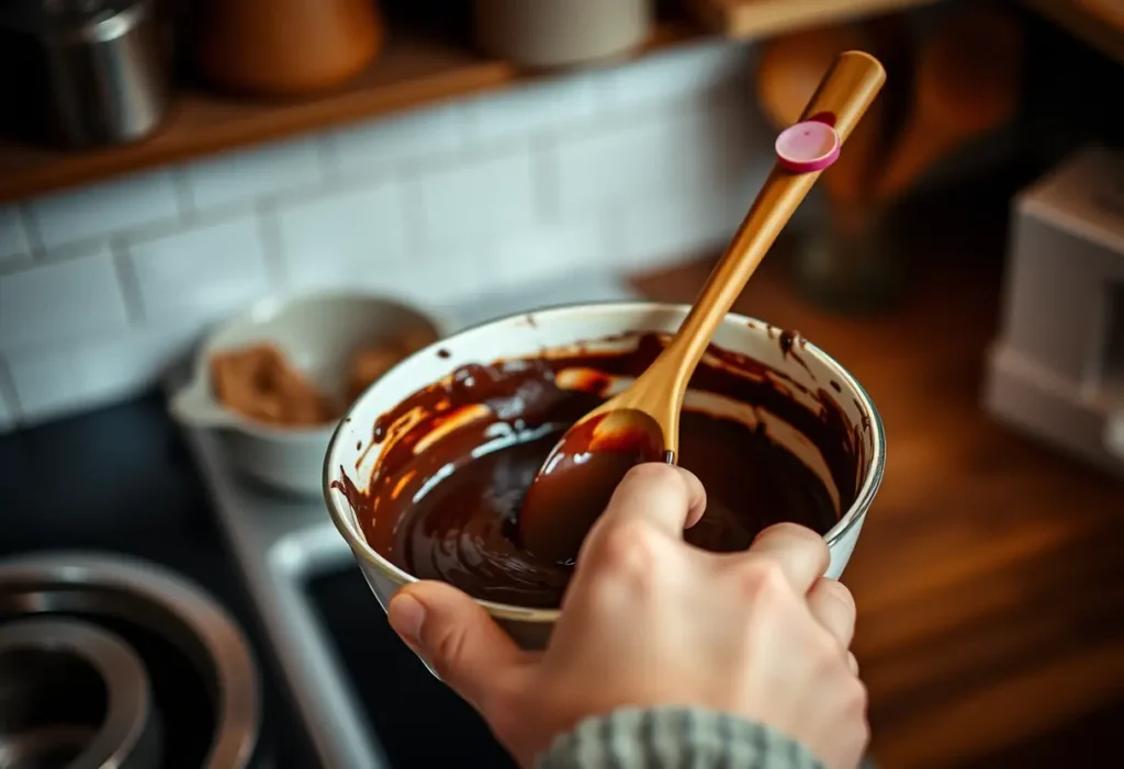 Une main tenant une cuillère en bois qui remue une mixture de chocolat noir dans une cuisine accueillante
