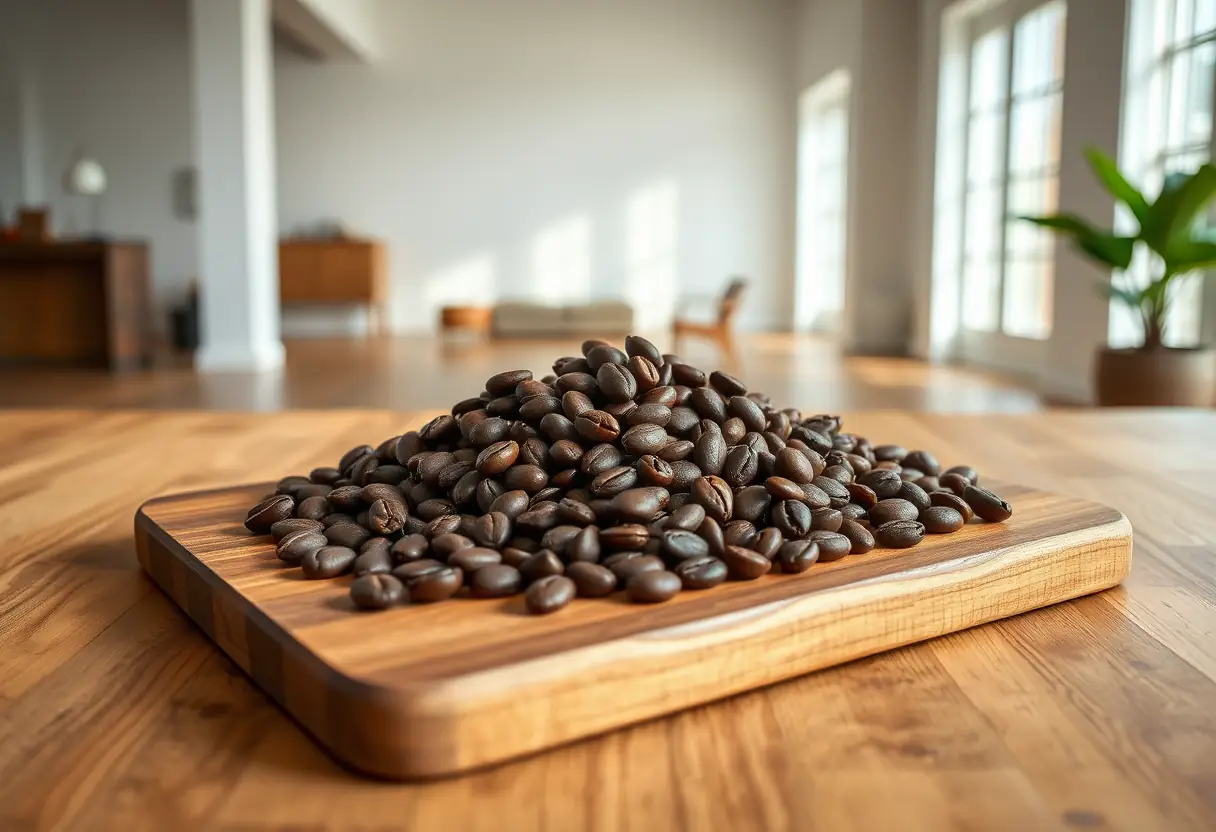 Un planche à découper en bois contenant des fèves de cacao disposées soigneusement dans un coin bien éclairé d'une pièce spacieuse
