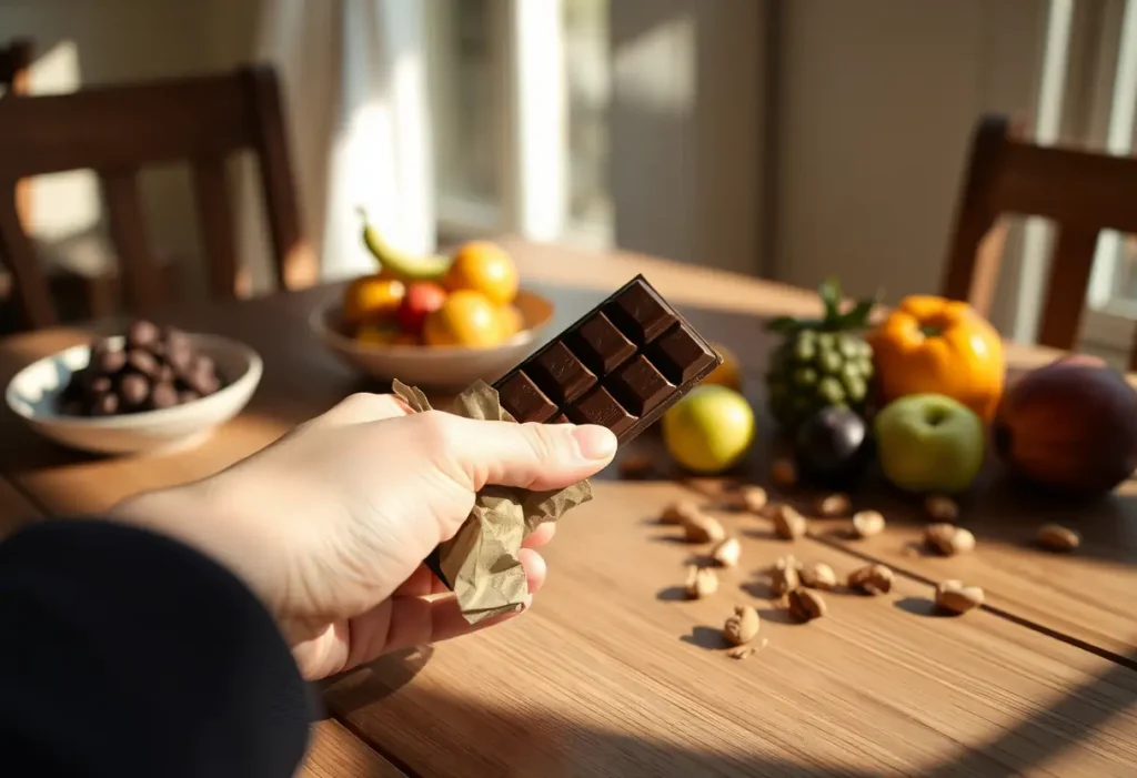 Une main tient délicatement une tablette enveloppée de chocolat noir posée sur une table en bois, baignée de la lumière du crépuscule.