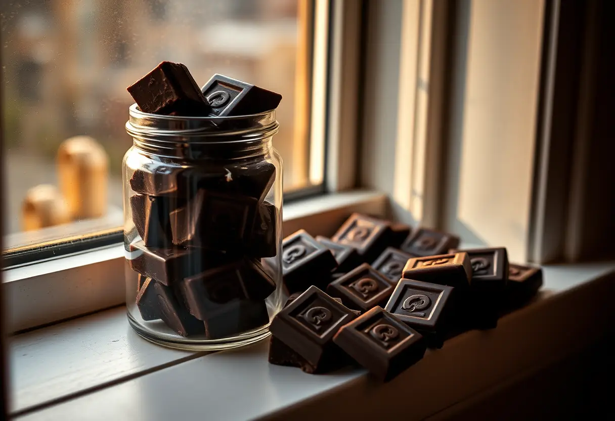 Des carrés de chocolat noir disposés dans un bocal en verre sur un rebord de fenêtre, éclairés par la lumière de fin d'après-midi.