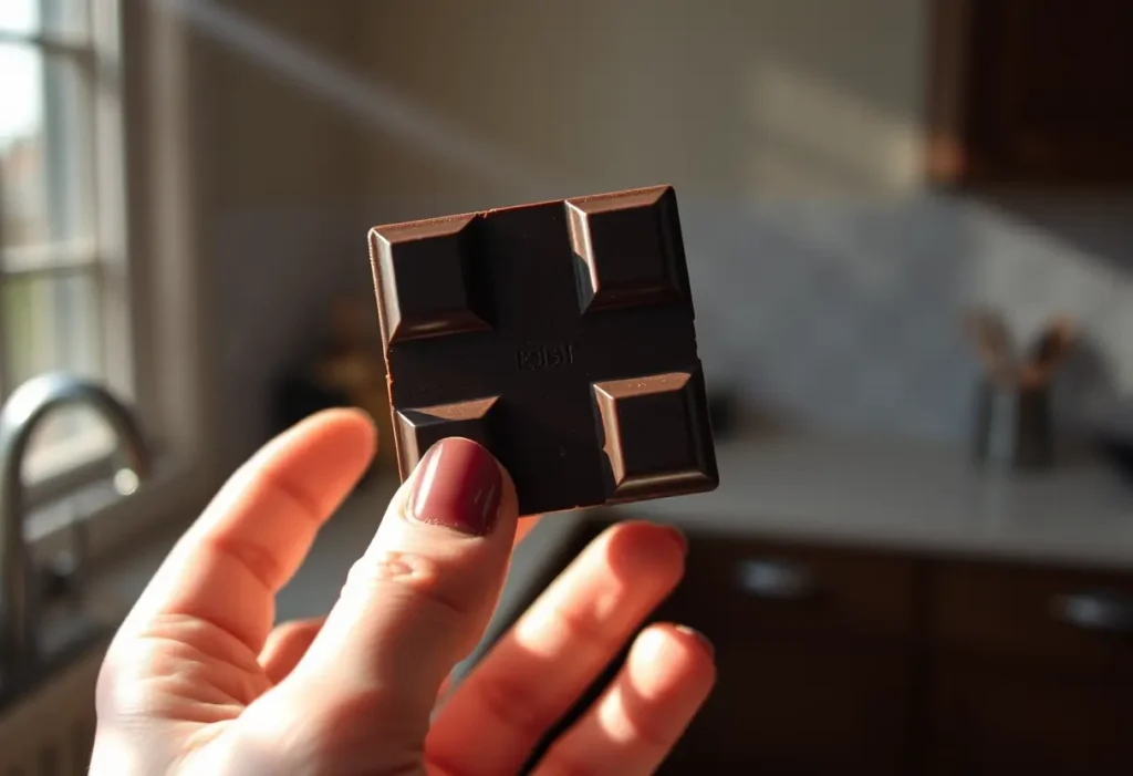 Une main féminine tient un carré de chocolat brun foncé, souligné par la lumière naturelle d'une fenêtre de cuisine, illustrant les bienfaits du chocolat 85%