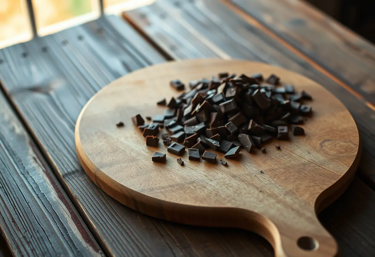 Un plan de travail en bois supporte des morceaux de chocolat cassés, éclairés par une lumière douce de fin d’après-midi, mettant en valeur les bienfaits du chocolat 85%