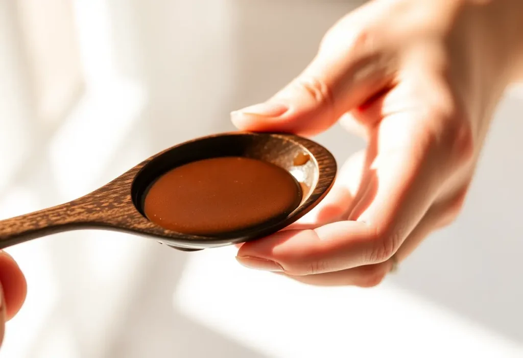 Une main féminine tenant une cuillère en bois foncé remplie de chocolat noir 90%, éclairée naturellement