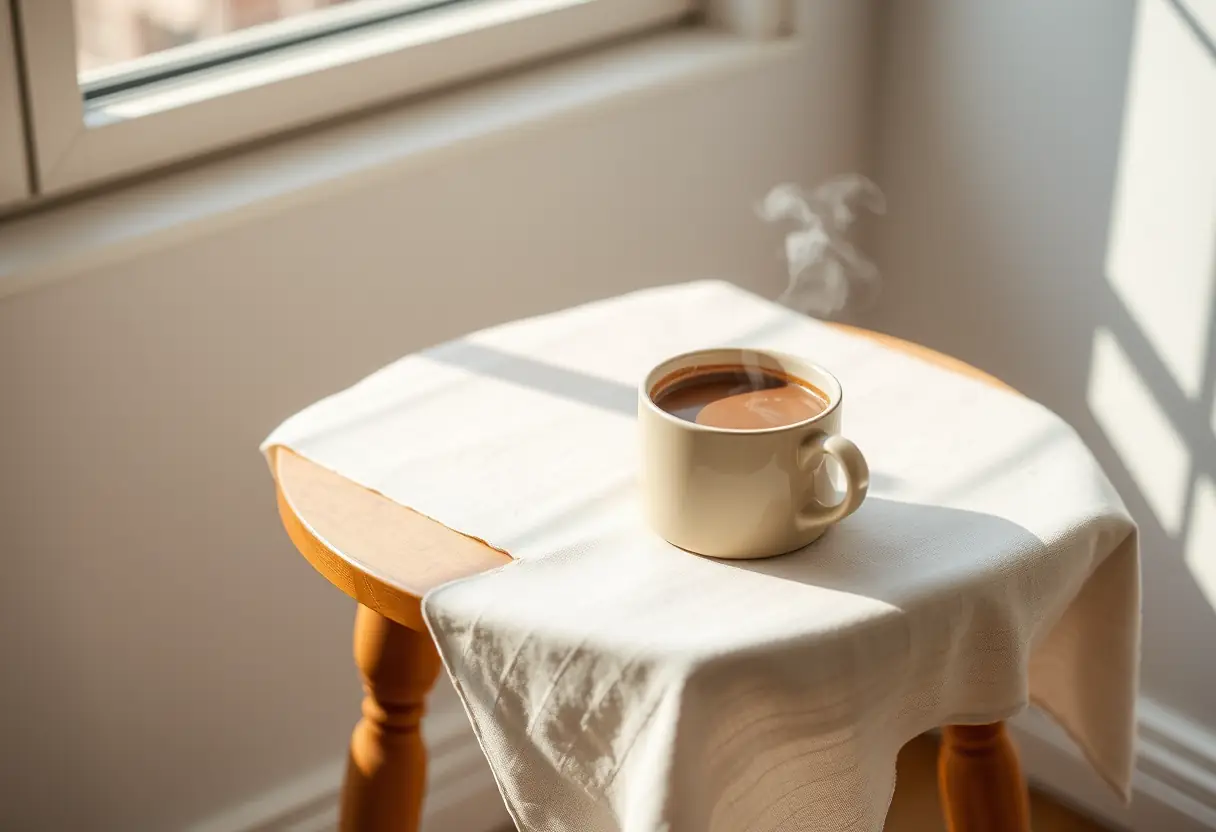 Un petit guéridon blanc sur lequel repose une tasse en porcelaine fumante de chocolat chaud 90%, éclairée par la lumière du matin