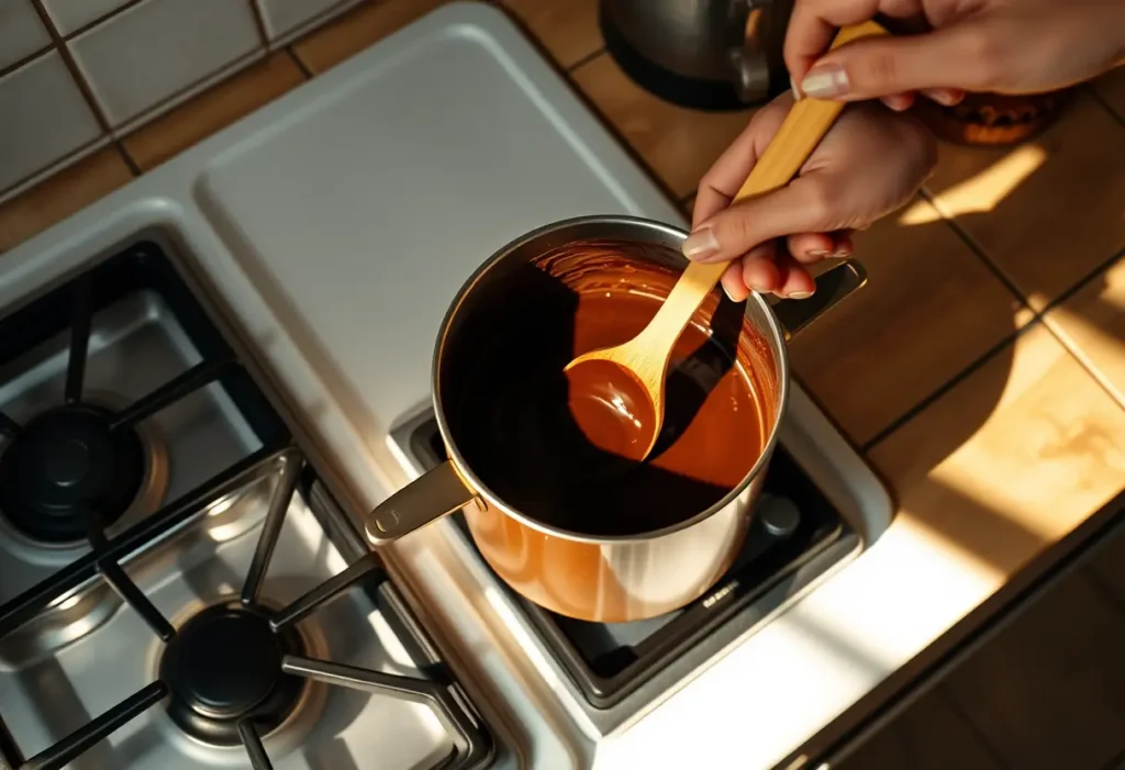 Une main tenant une cuillère en bois qui remue une marmite de chocolat fondu, dans une cuisine bien éclairée, en lien avec les bienfaits du chocolat.