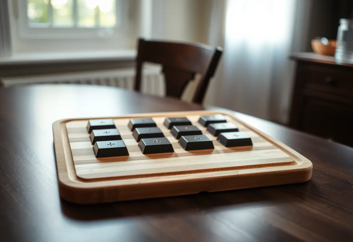 Un planche à découper en bois sur une table de cuisine, avec des carrés de chocolat noir disposés soigneusement, éclairée par la lumière naturelle du jour, en lien avec les conseils de consommation.