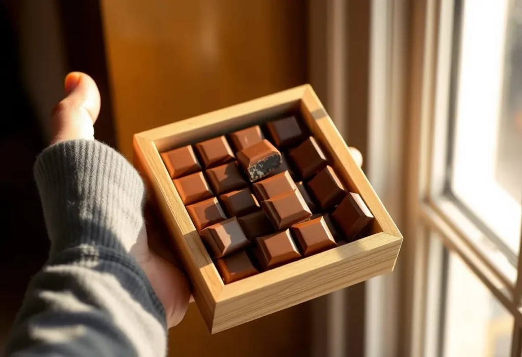 Une main tenant une boîte en bois carrée pleine de tablettes de chocolat au lait, lumière naturelle filtrant à travers une fenêtre