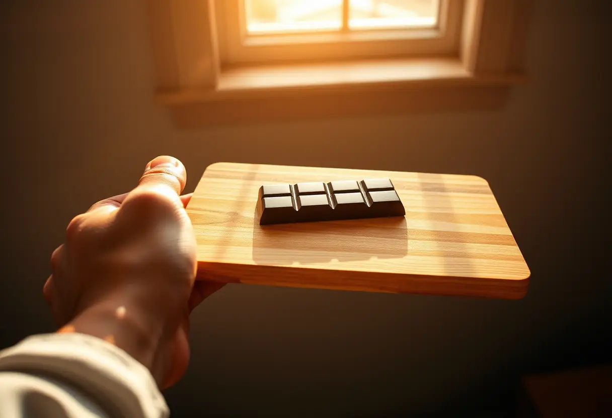 Une main tenant un plateau de bois avec une tablette de chocolat, éclairée par la lumière du jour, douceur et bien-être