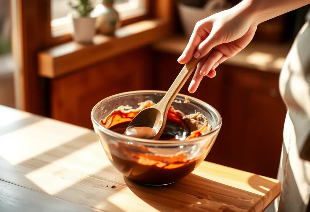 Main de femme remuant une mixture de chocolat dans une cuisine chaude, bien-être féminin