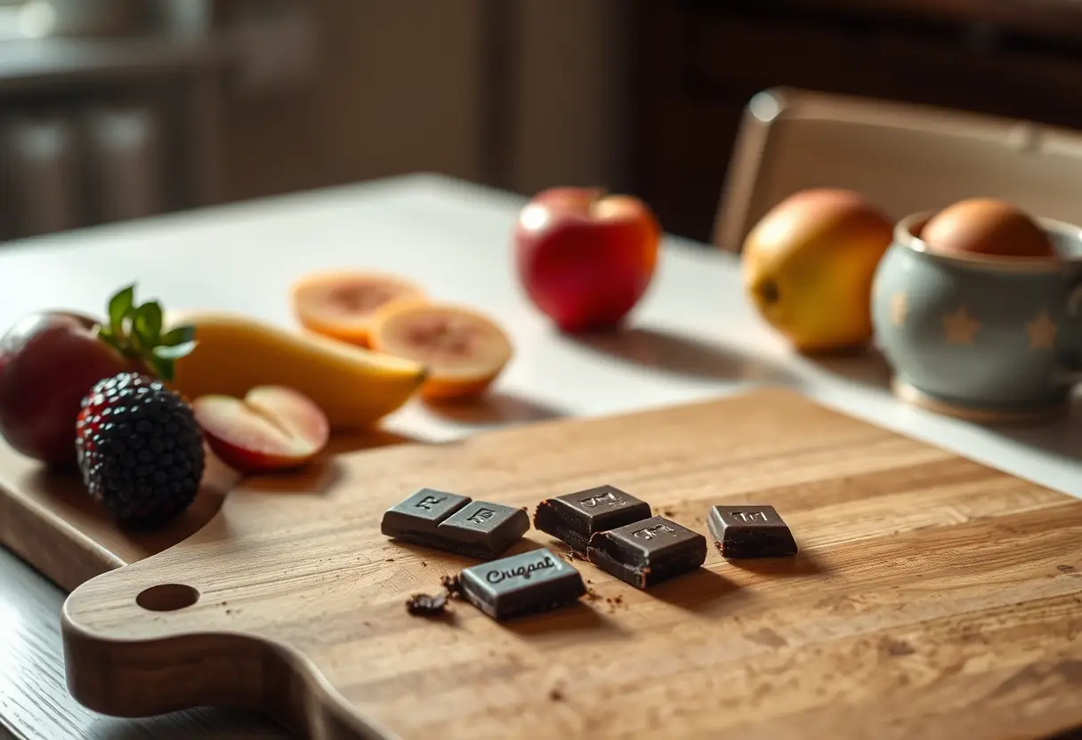 Planche à découper en bois avec une pièce de chocolat cassée entourée de fruits frais, bien-être et plaisir équilibré
