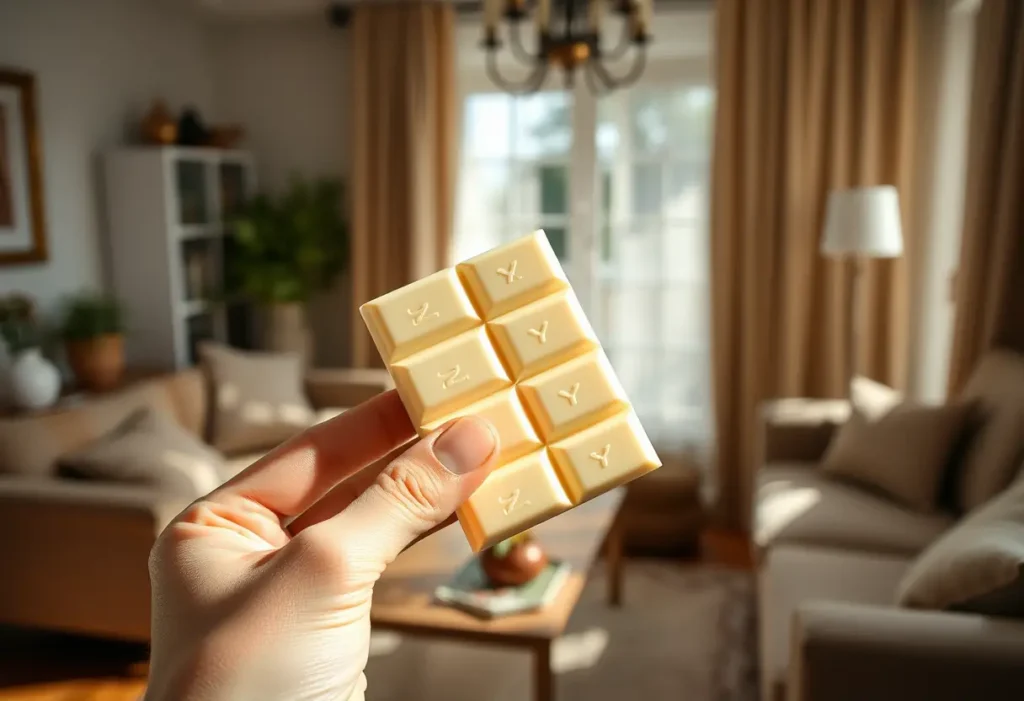 Une main tenant une tablette de chocolat blanc dans un salon accueillant