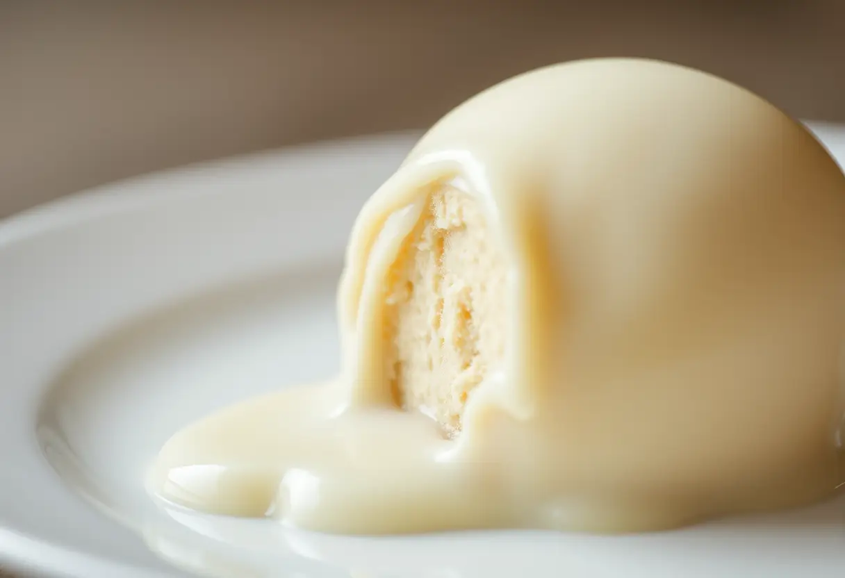 Un truffe de chocolat blanc qui fond sur un plateau, avec des gouttes de chocolat fondu aux bords