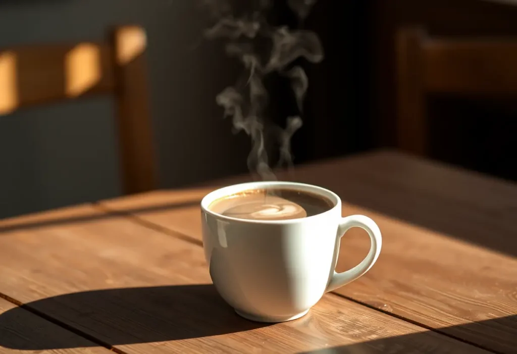 Une tasse fumante de chocolat chaud sur une table en bois