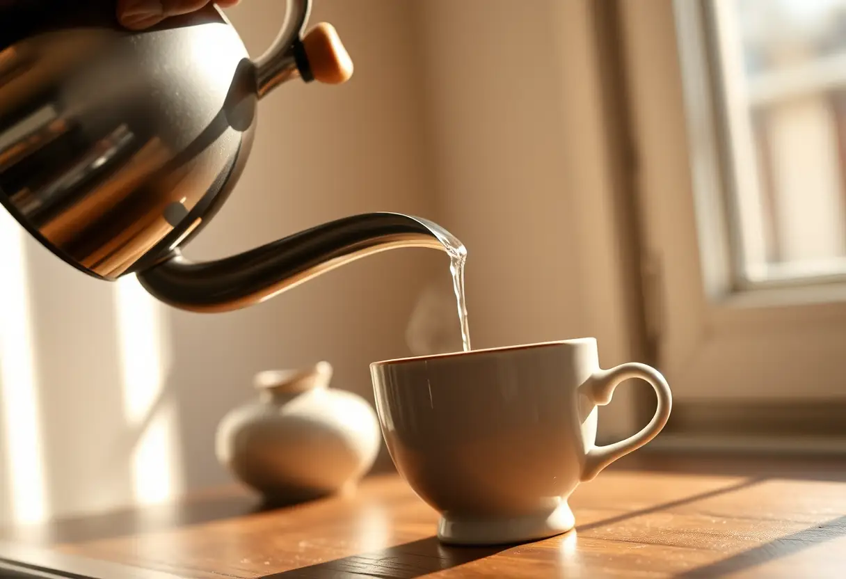 Une main verse de l’eau chaude dans une tasse en céramique remplie de poudre de cacao