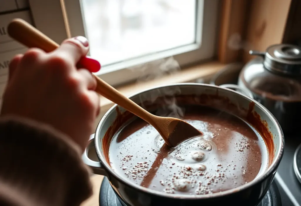 Main: Une main féminine qui remue une mixture au cacao dans une cuisine chaude et accueillante.