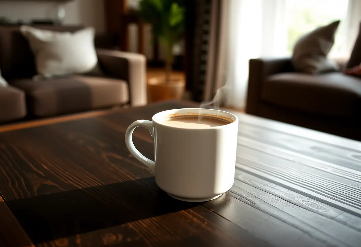 Alt text: Un guéridon en bois foncé dans un salon, garni d'une tasse blanche contenant du chocolat chaud.