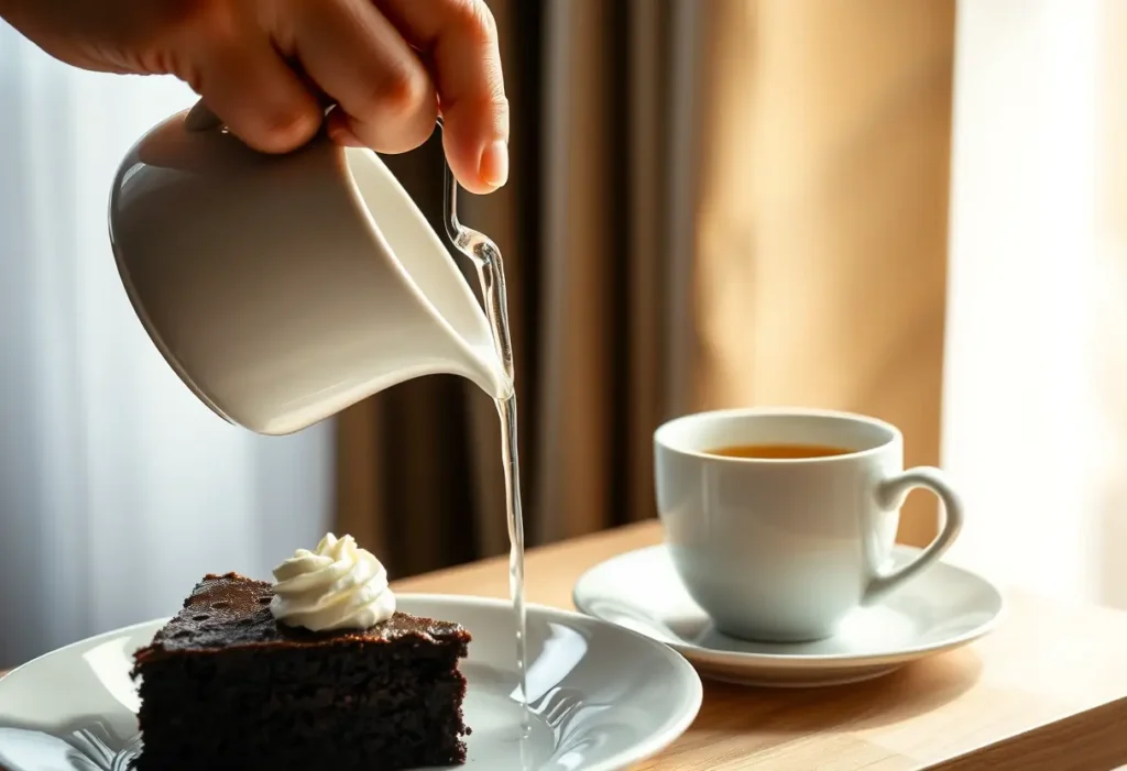 Une main verse de l'eau chaude dans une tasse en porcelaine près d'un gâteau au chocolat noir, sous la lumière du matin.