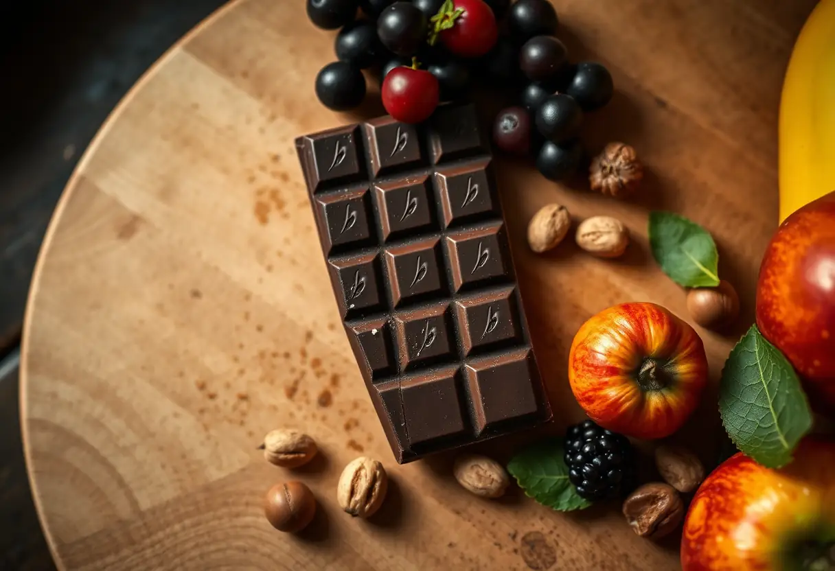 Vue aérienne d'une tablette de chocolat noir posée sur un plan de travail en bois, entourée de fruits frais et de noix.