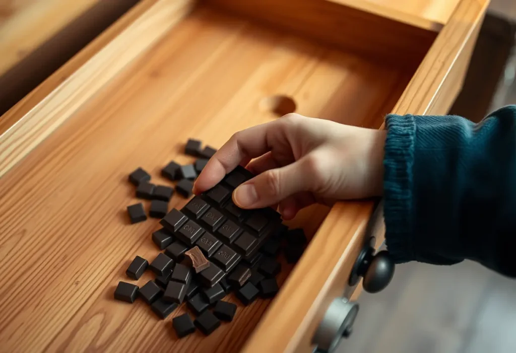 Une main plonge dans un tiroir en bois pour prendre une tablette de chocolat noir, le tiroir intérieur en bois de cèdre apporte une teinte chaleureuse.