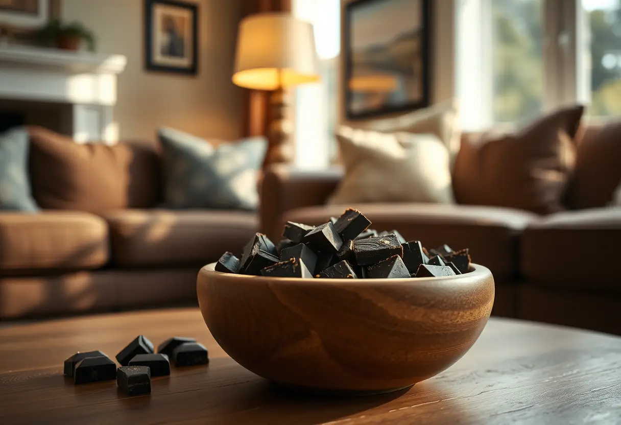 Dans un salon accueillant, un bol en bois rempli de morceaux de chocolat noir repose sur une table basse, éclairé par une lampe proche qui projette des ombres douces.