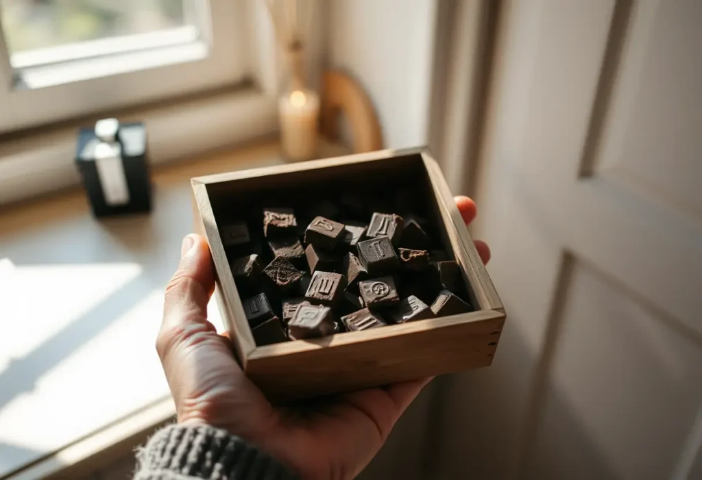 Une main tenant une boîte en bois carrée pleine de chocolat noir, lumière naturelle