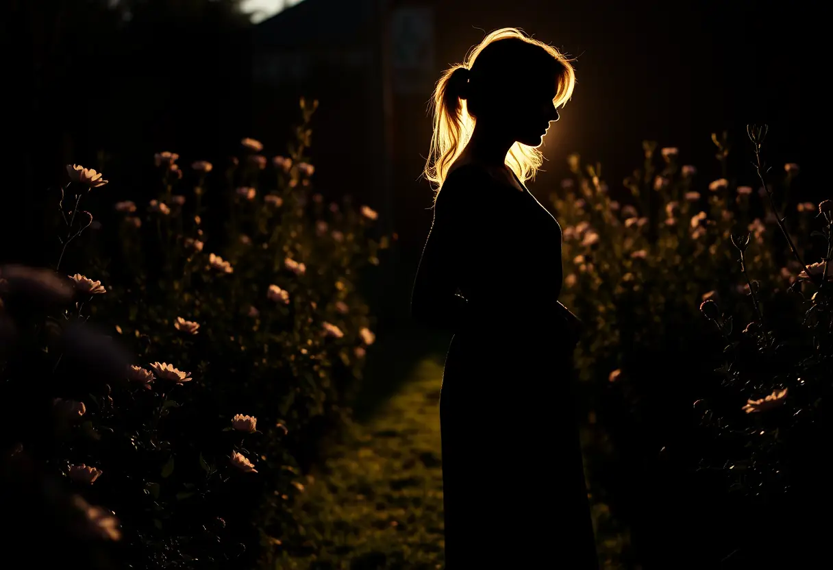 Silhouette d'une femme dans un jardin avec des fleurs en fleur, lumière du soir
