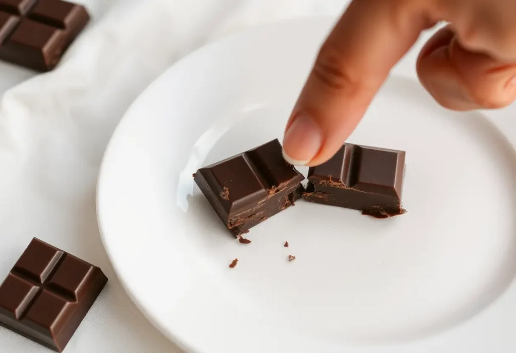 Une main qui casse un morceau de chocolat noir sur une assiette blanche