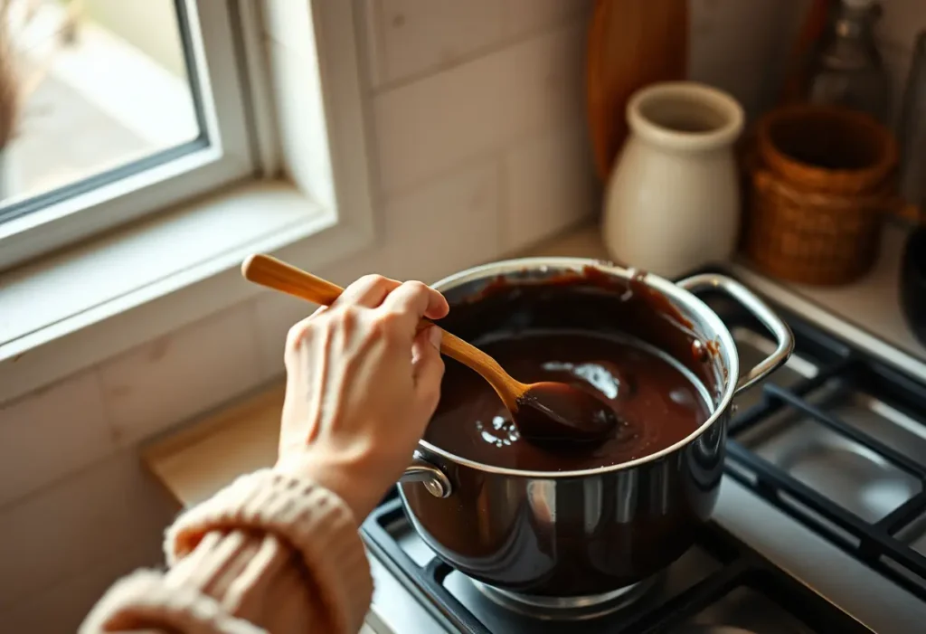 Une main féminine remue une sauce au chocolat noir dans une cuisine chaleureusement éclairée.