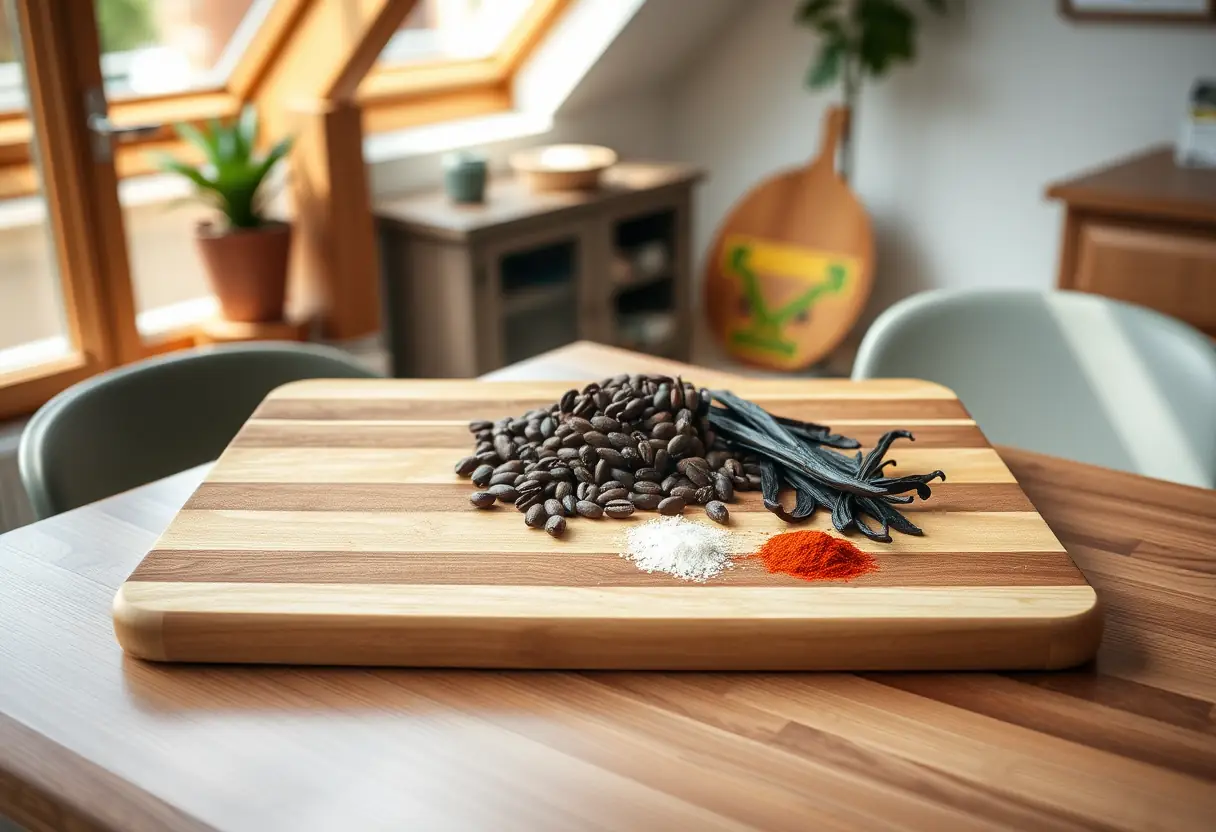 Un grand plan de travail en bois sur une table de cuisine garni de fèves de cacao, gousses de vanille et épices.