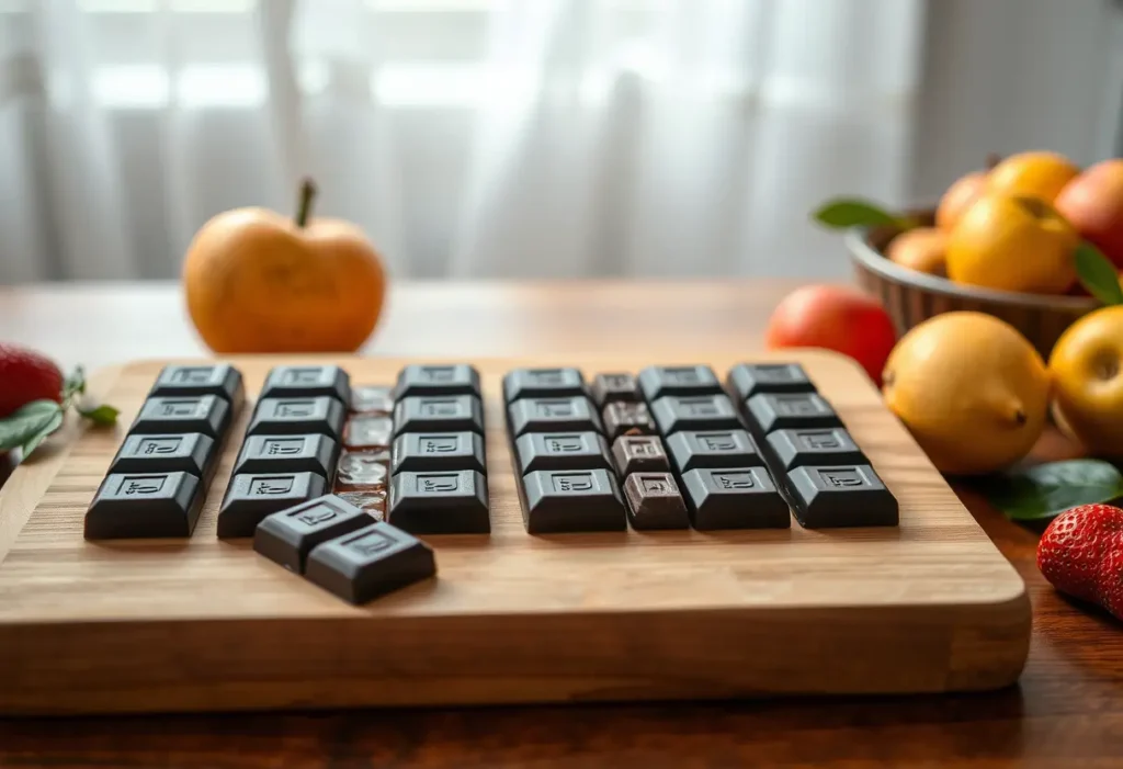 Barres de chocolat noir alignées sur un plan de travail en bois entourées de fruits frais