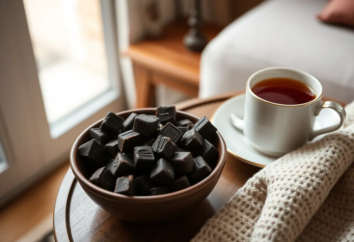 Un bol rempli de morceaux de chocolat noir sur une table basse dans un salon accueillant, éclairé naturellement