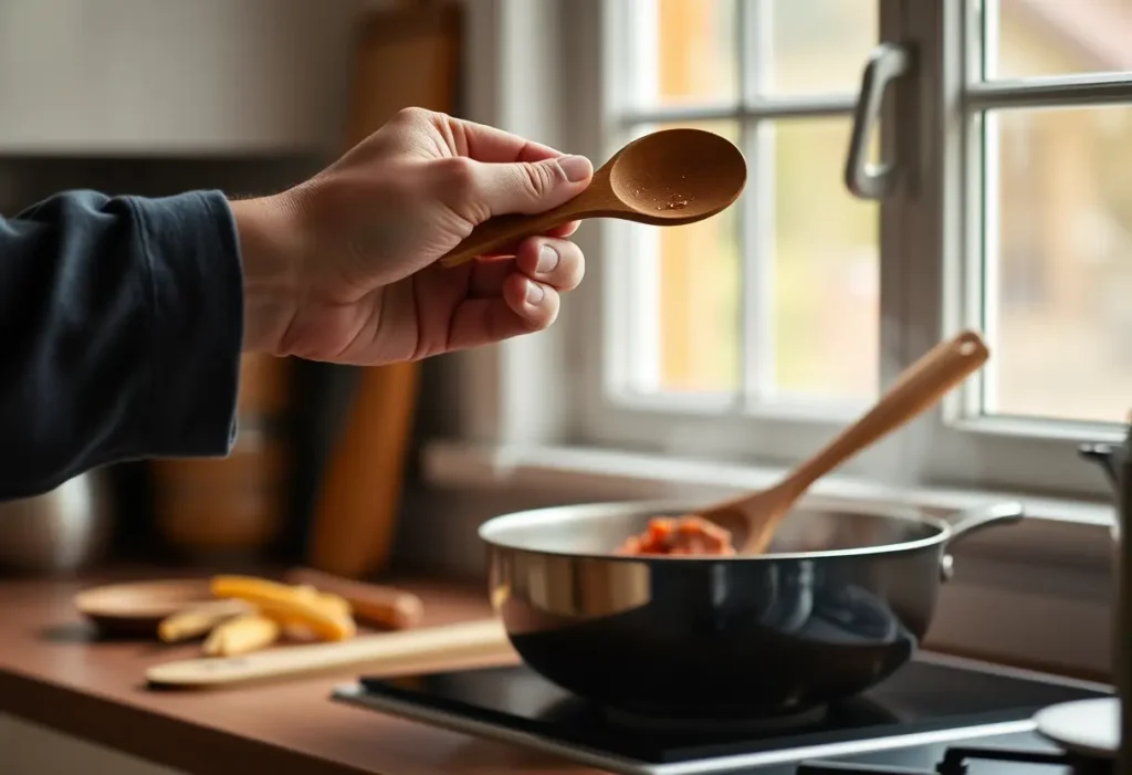 Une main tenant une cuillère en bois dans une cuisine accueillante