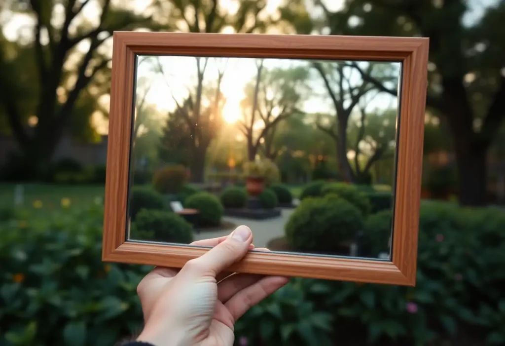 Miroir en bois entre les mains d'une femme, reflétant un jardin calme au lever du soleil