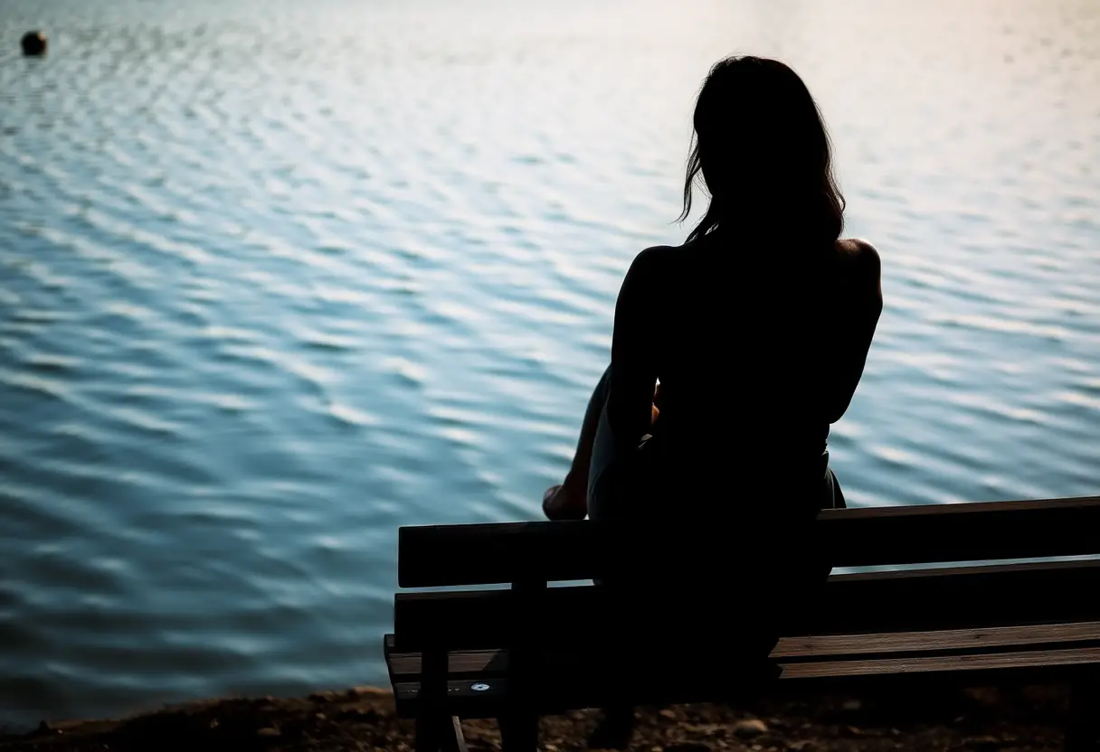 Silhouette de femme assise sur un banc en bois, contemplant un lac paisible