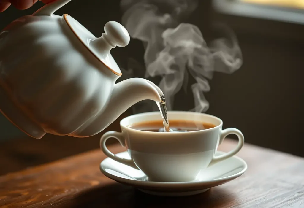 Prise de main versant de l'eau chaude d'une bouilloire en porcelaine dans une tasse de thé, émanation de vapeur douce, représentant le processus apaisant de soin personnel et d'acceptation.