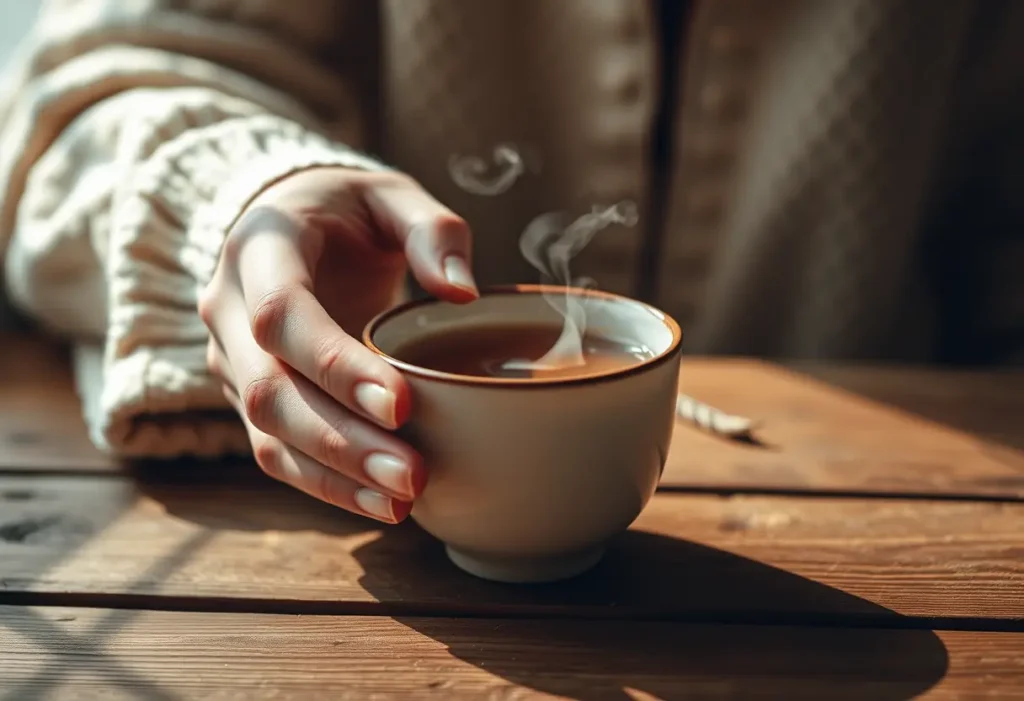 Une main féminine tient délicatement une tasse de thé en porcelaine sur une table en bois, lumière naturelle
