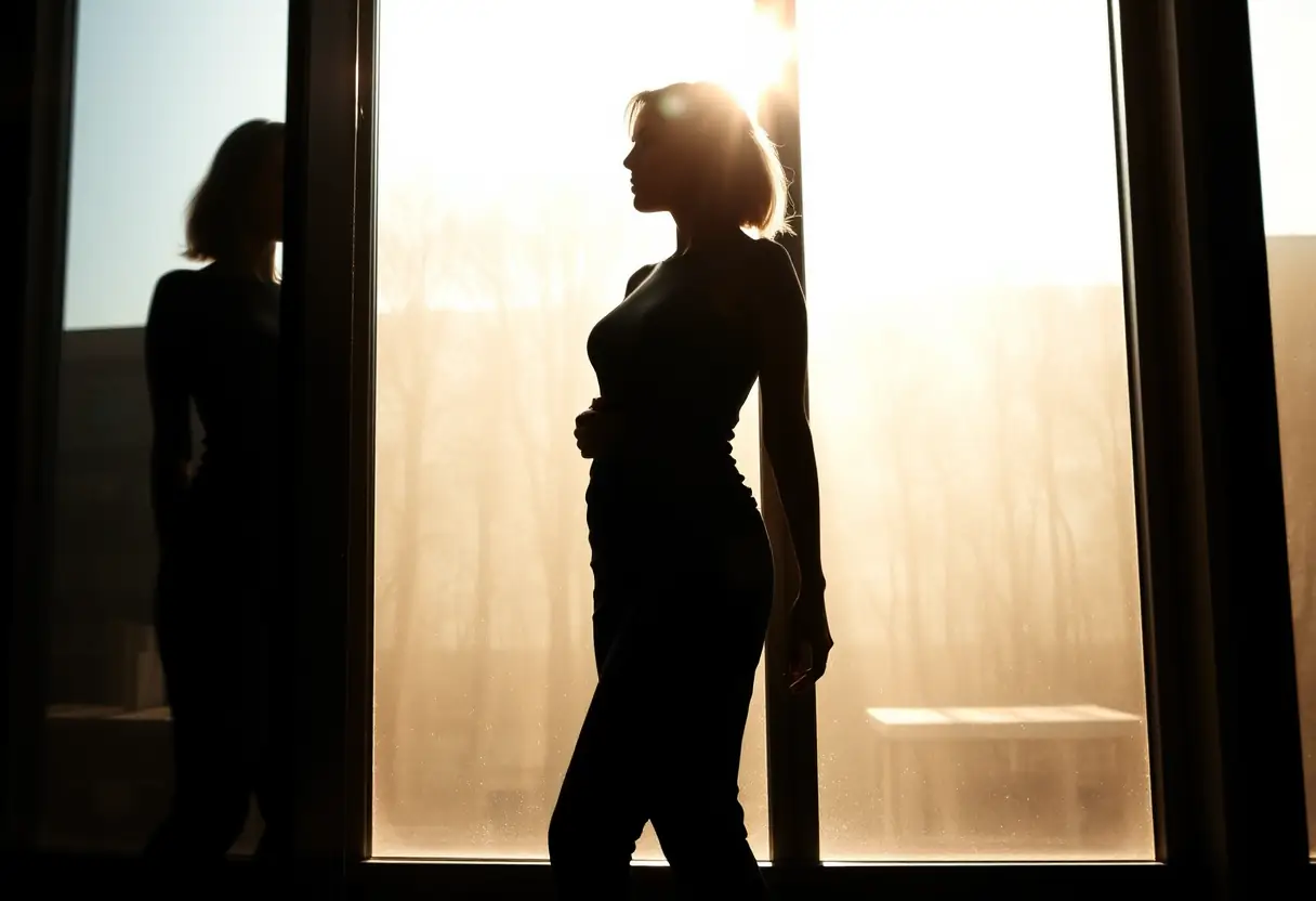Un reflet de femme se reflète dans une grande fenêtre inondée de lumière, lumière naturelle