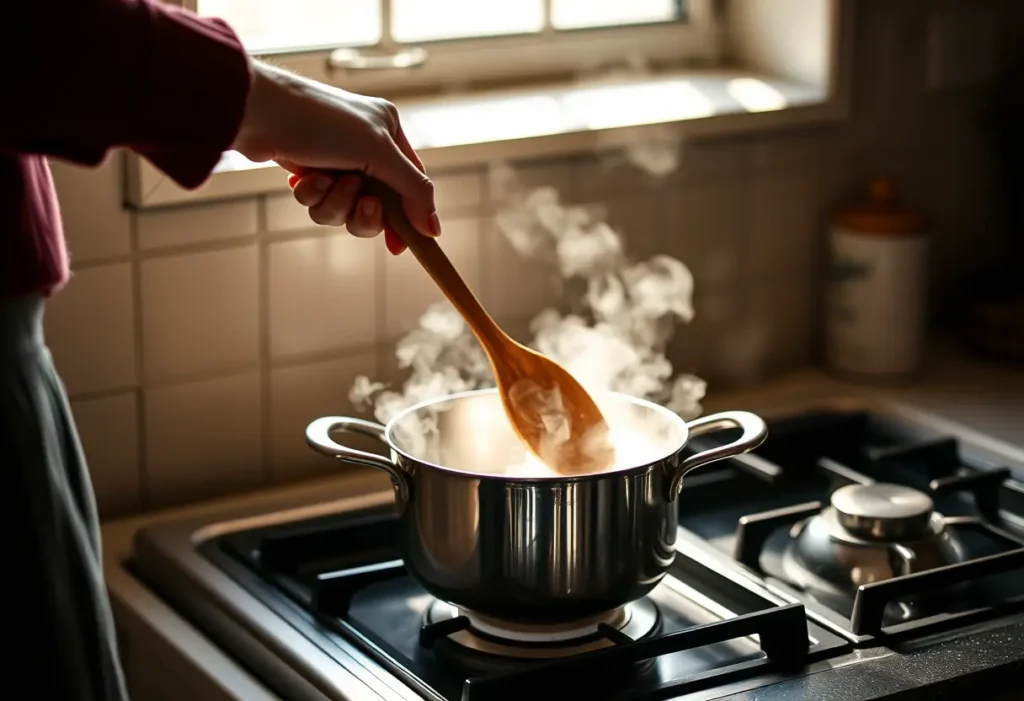 Une main tenant une cuillère en bois au-dessus d'une marmite bouillonnante, illustrant la chaleur du foyer
