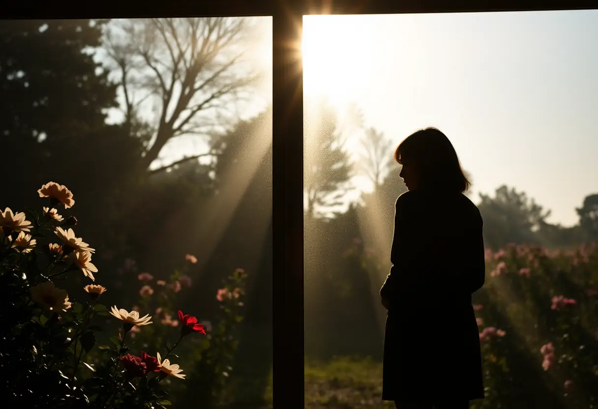 Un profil flou près d'une grande fenêtre donnant sur un jardin fleuri, symbolisant la beauté de la nature et la sérénité intérieure