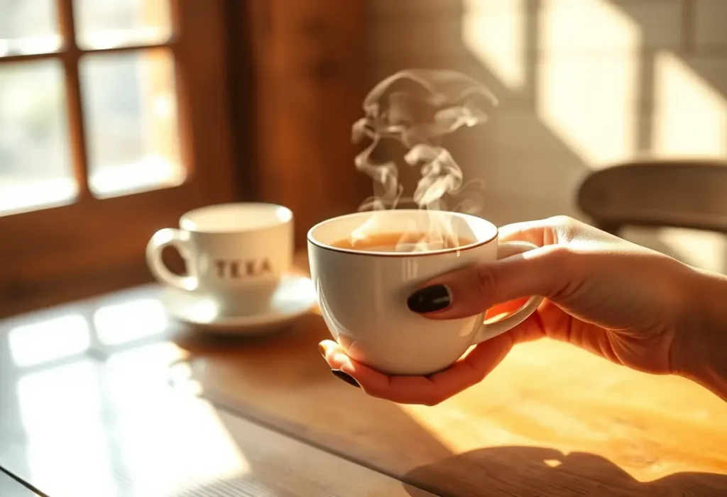 Une main tenant une tasse de thé chaud, lumière naturelle filtrant à travers une fenêtre