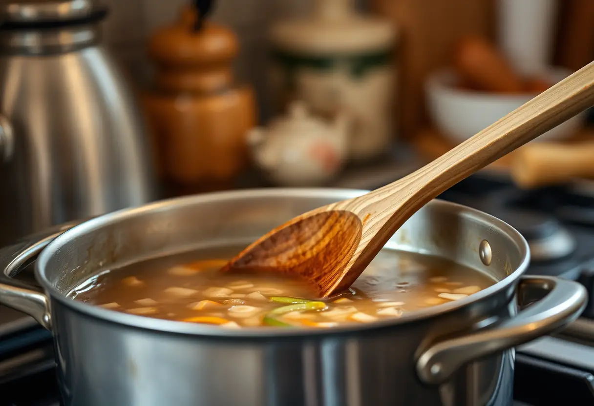 Cuillère en bois mélangeant une soupe chaude sur une cuisinière