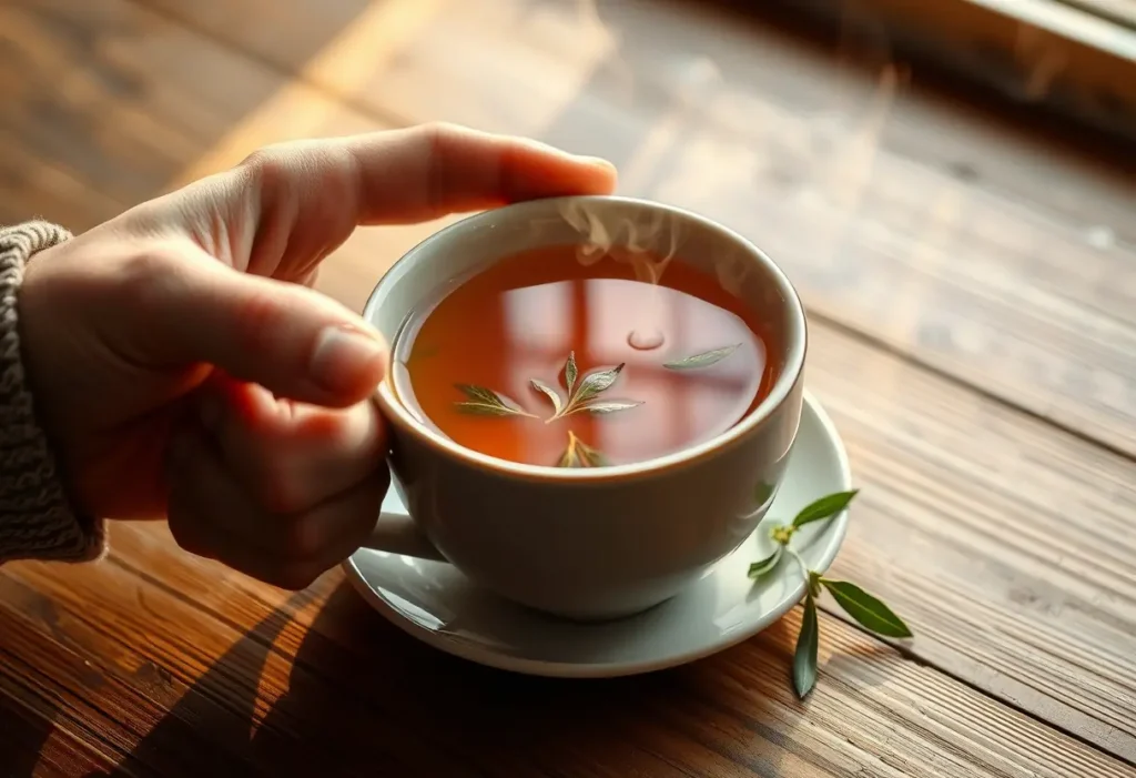 Une main tenant une tasse de thé aromatique posée sur une table en bois